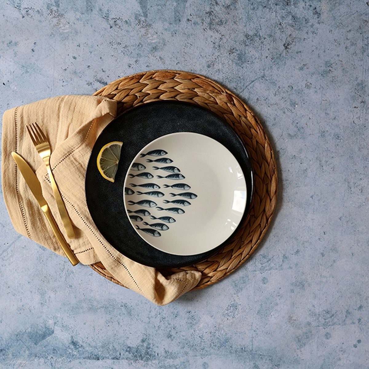 Lot de 6 assiettes à dessert en porcelaine 20cm, PESCARE blanc-bleu, NOVASTYL