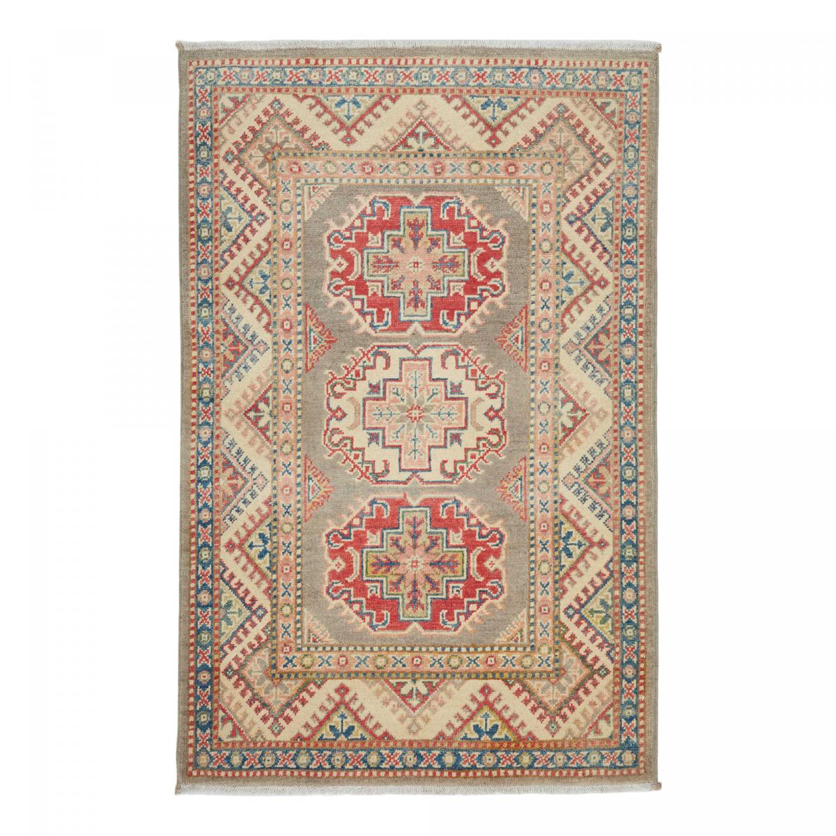 Tapis salon géométrique, noué main en laine, KAZAK CO 59 gris, beige, rouge, UN AMOUR DE TAPIS