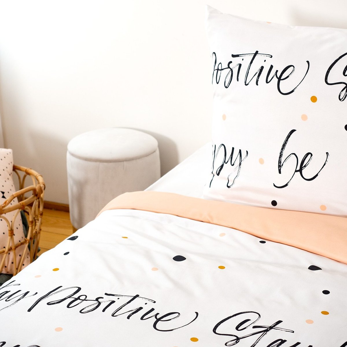 Parure housse de couette en microfibre imprimée, Positive blanc, C DESIGN HOME TEXTILE
