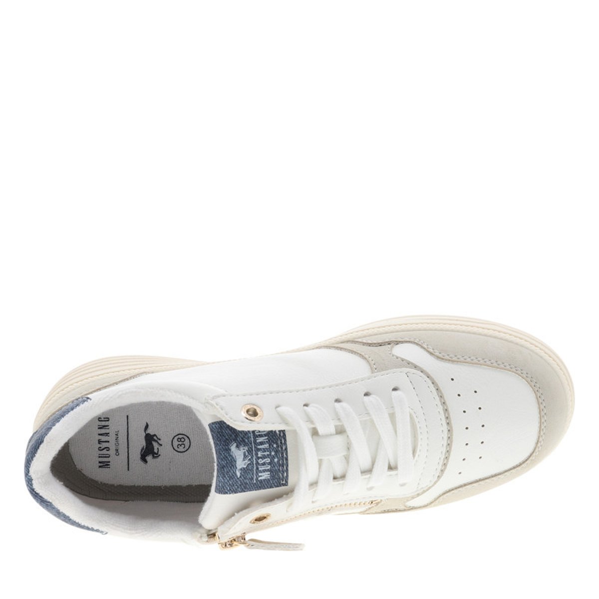 Sneakers écrues à semelle plate avec des lacets et un zip latéral beige, MUSTANG