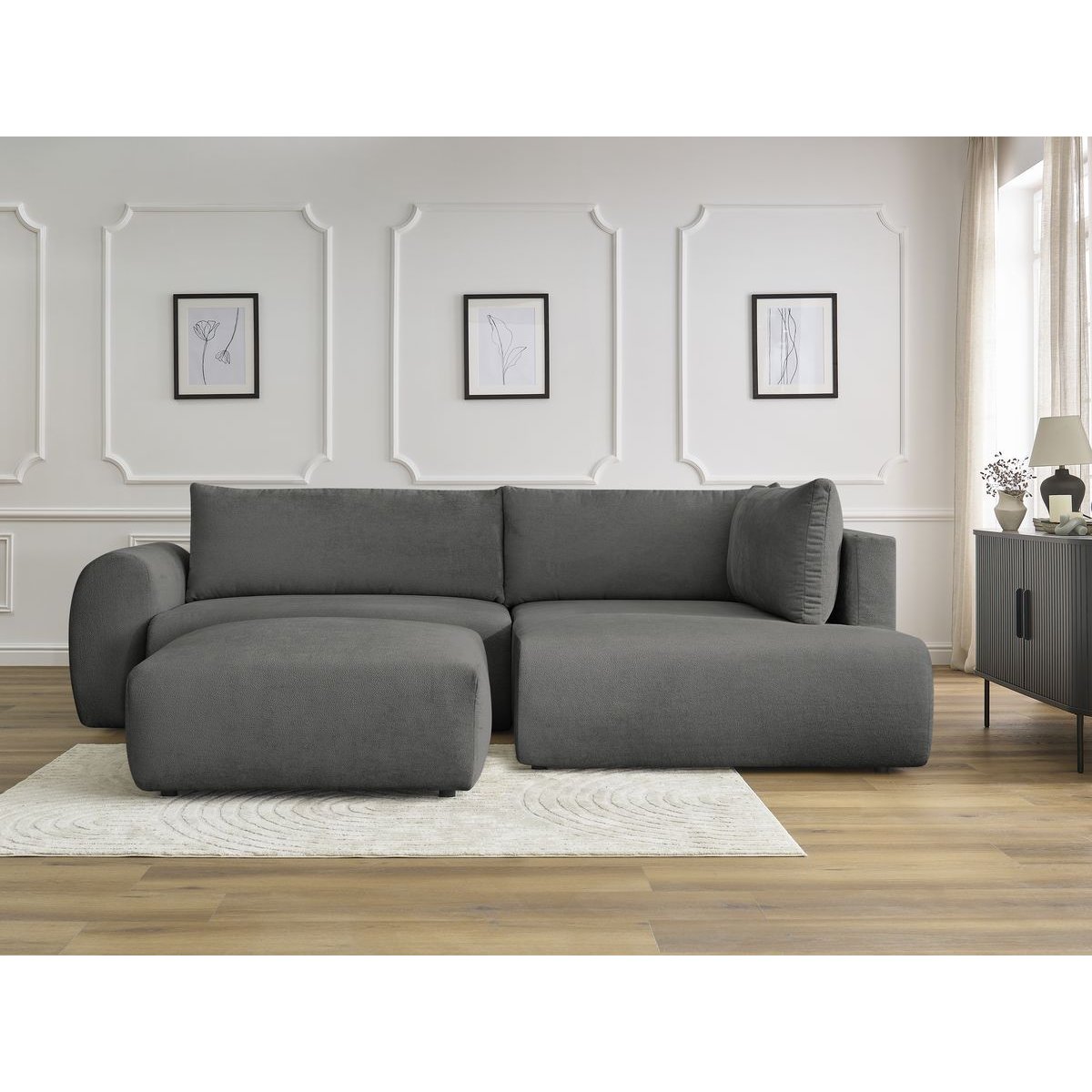 Canapé d'angle convertible 4 places en tissu lisse avec pouf, LUCIEN gris foncé, BOBOCHIC