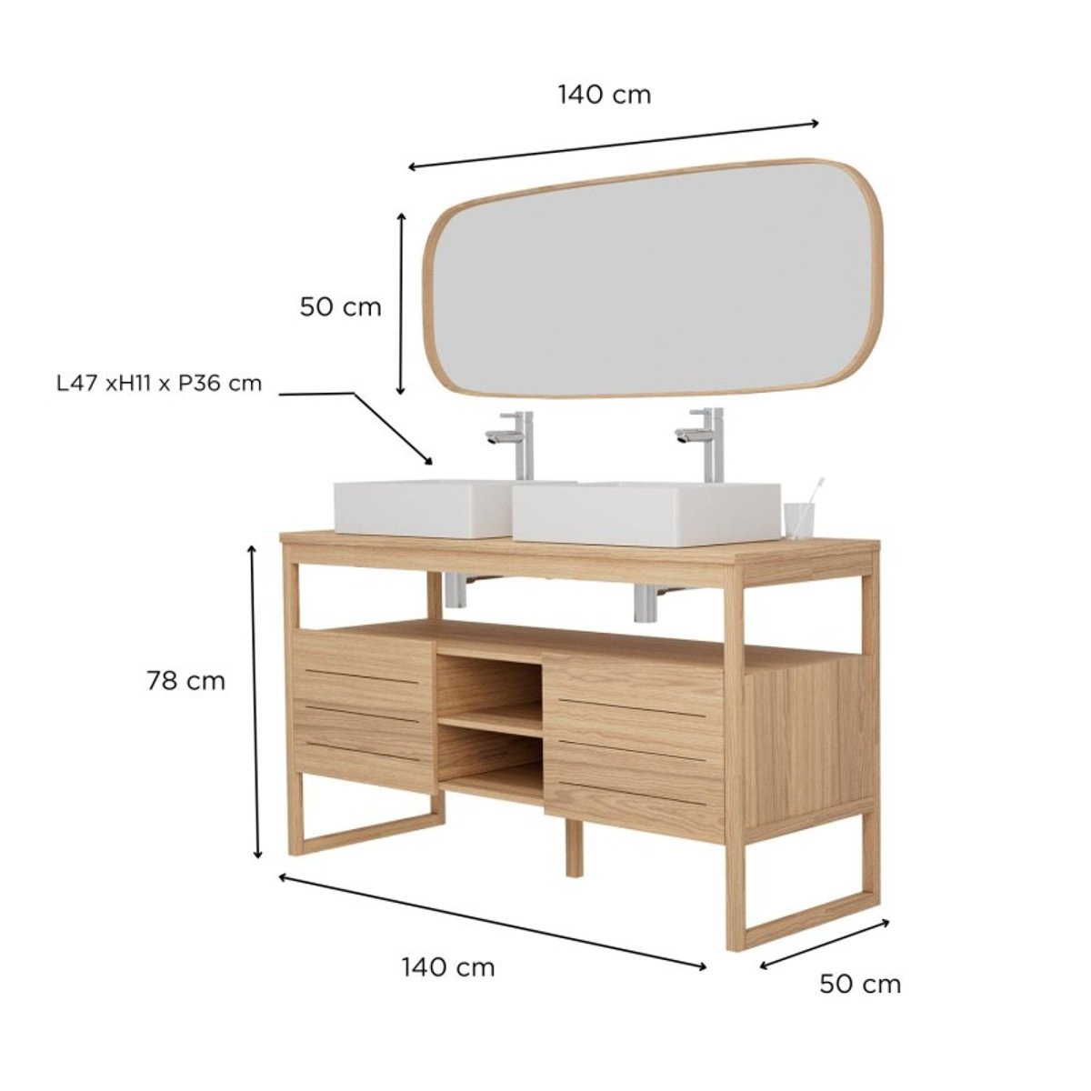 Ensemble meuble double vasque 140 cm + Vasques + Robinets + Miroir ATOLL chêne, MOB IN