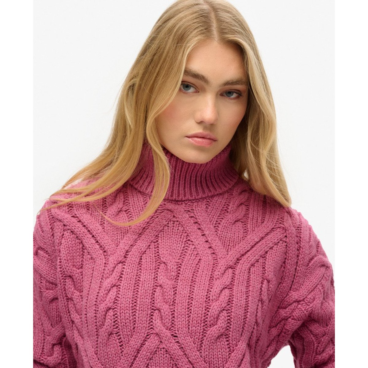 Pull polo en maille torsadée torsade rose papaye, SUPERDRY