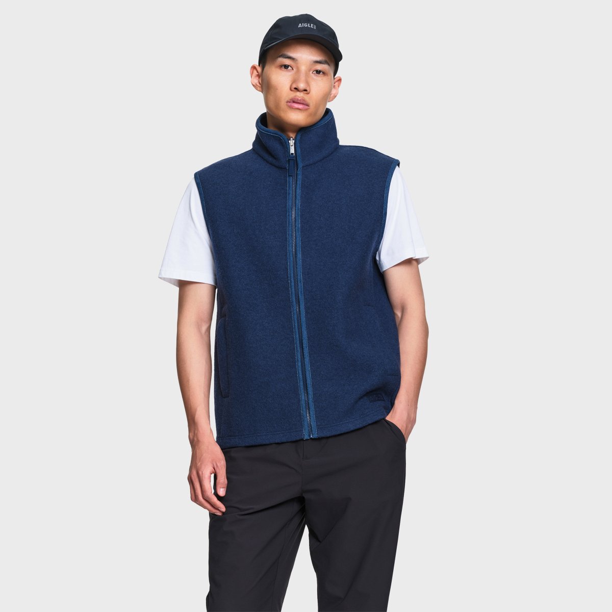Veste sans manches laine bouillie col montant T-KIT bleu marine, AIGLE