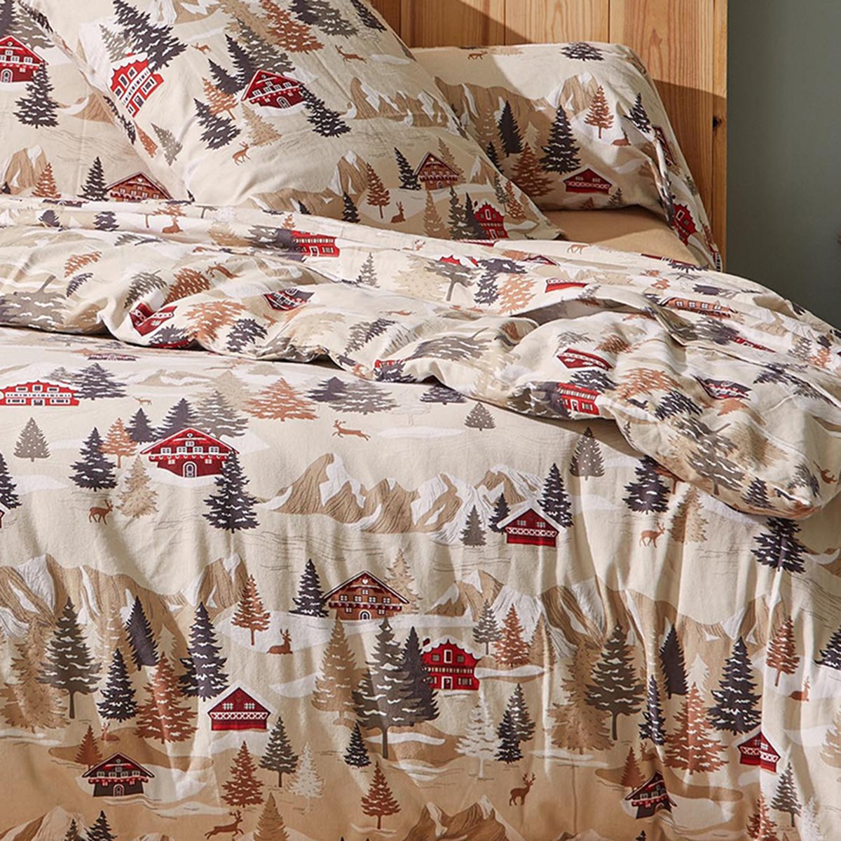 Parure de lit 3 pièces flanelle de coton montagne housse + taies beige, TRADILINGE