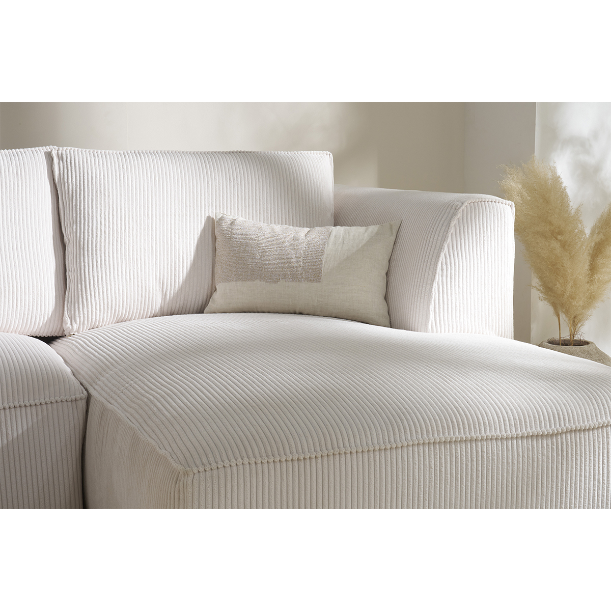 Canapé d'angle droit design 3-4 places en tissu velours côtelé PANAM blanc, MILIBOO