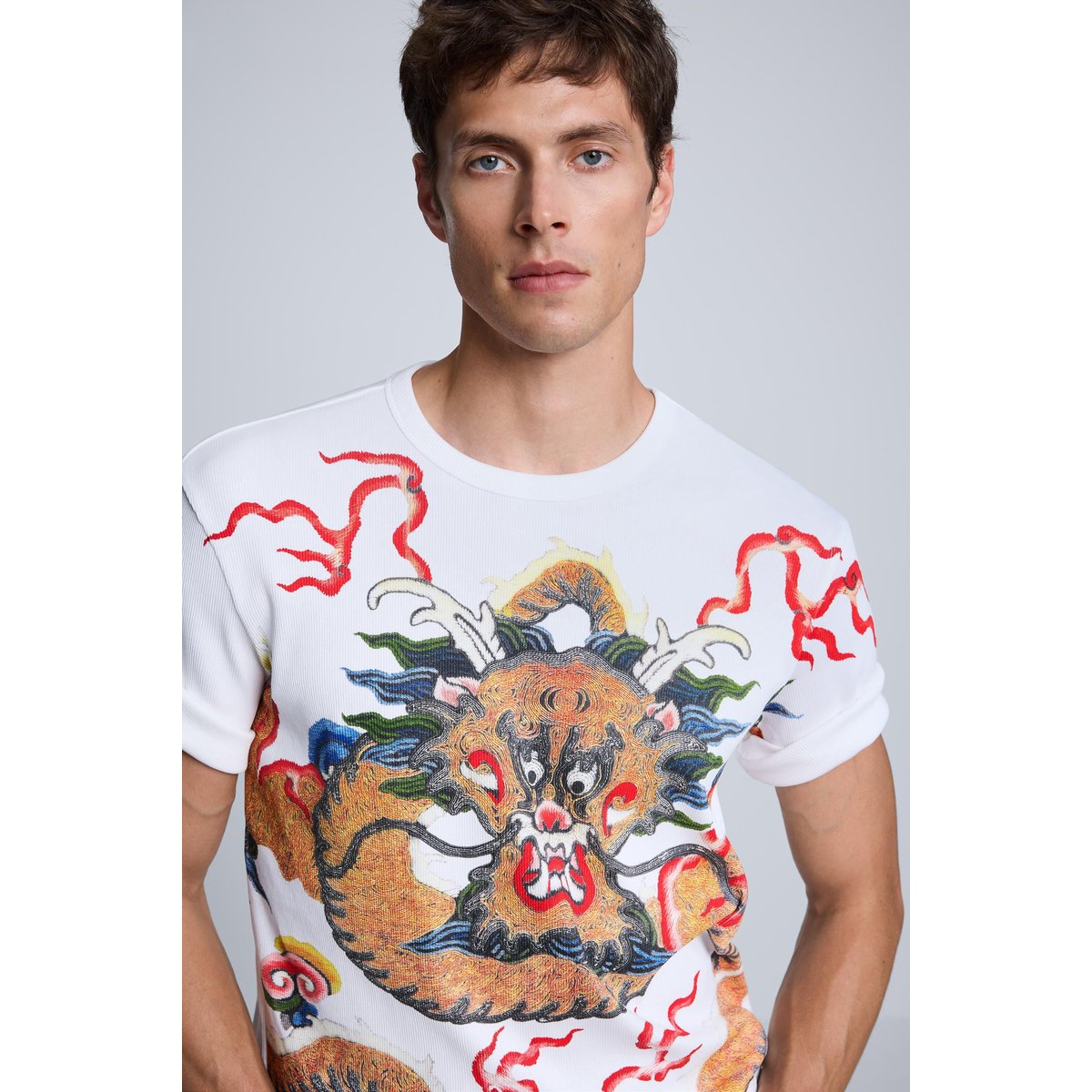T-shirt à imprimé dragon blanc, DESIGUAL