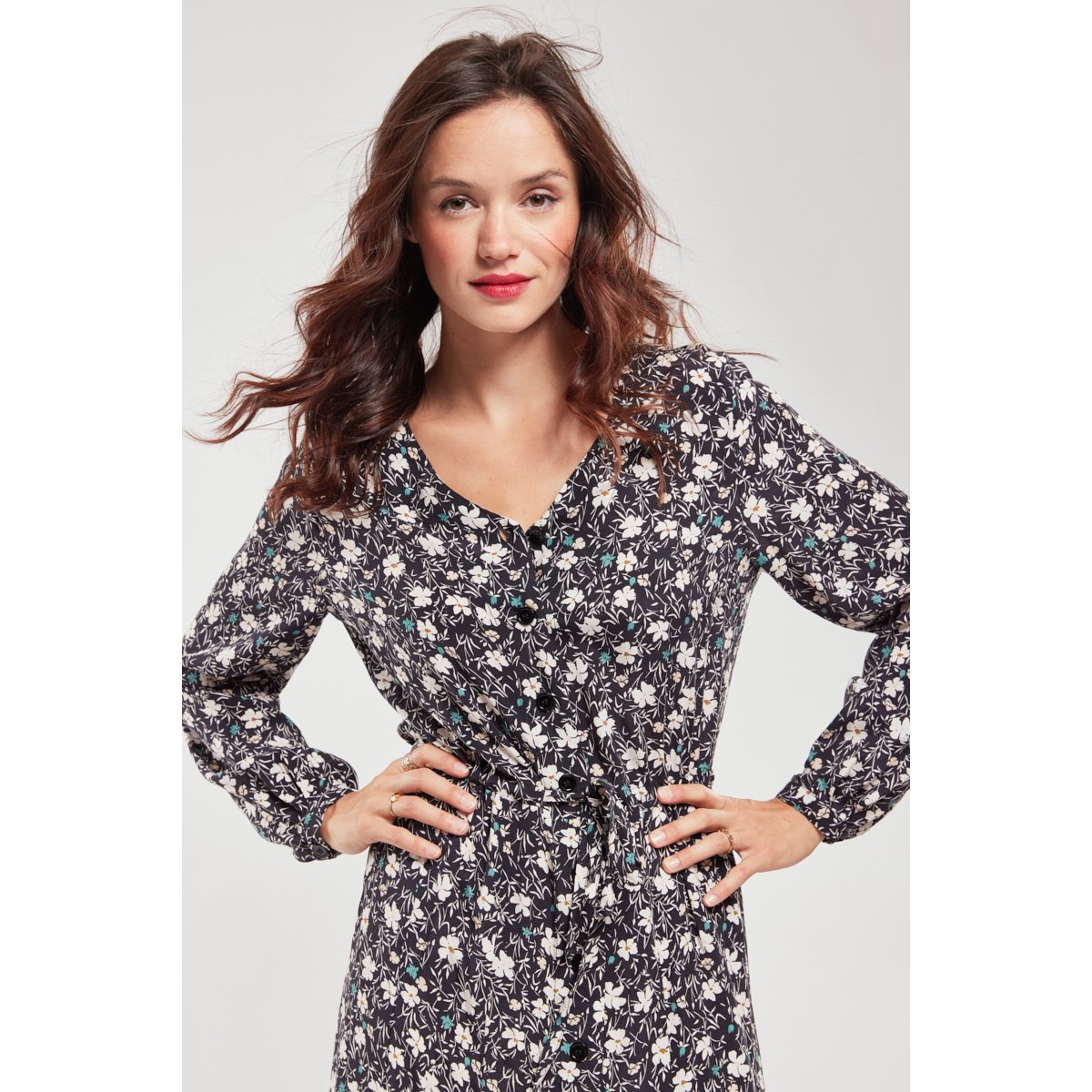 Robe longue fleurie en cupro imprimé champêtre noir, ARMOR-LUX
