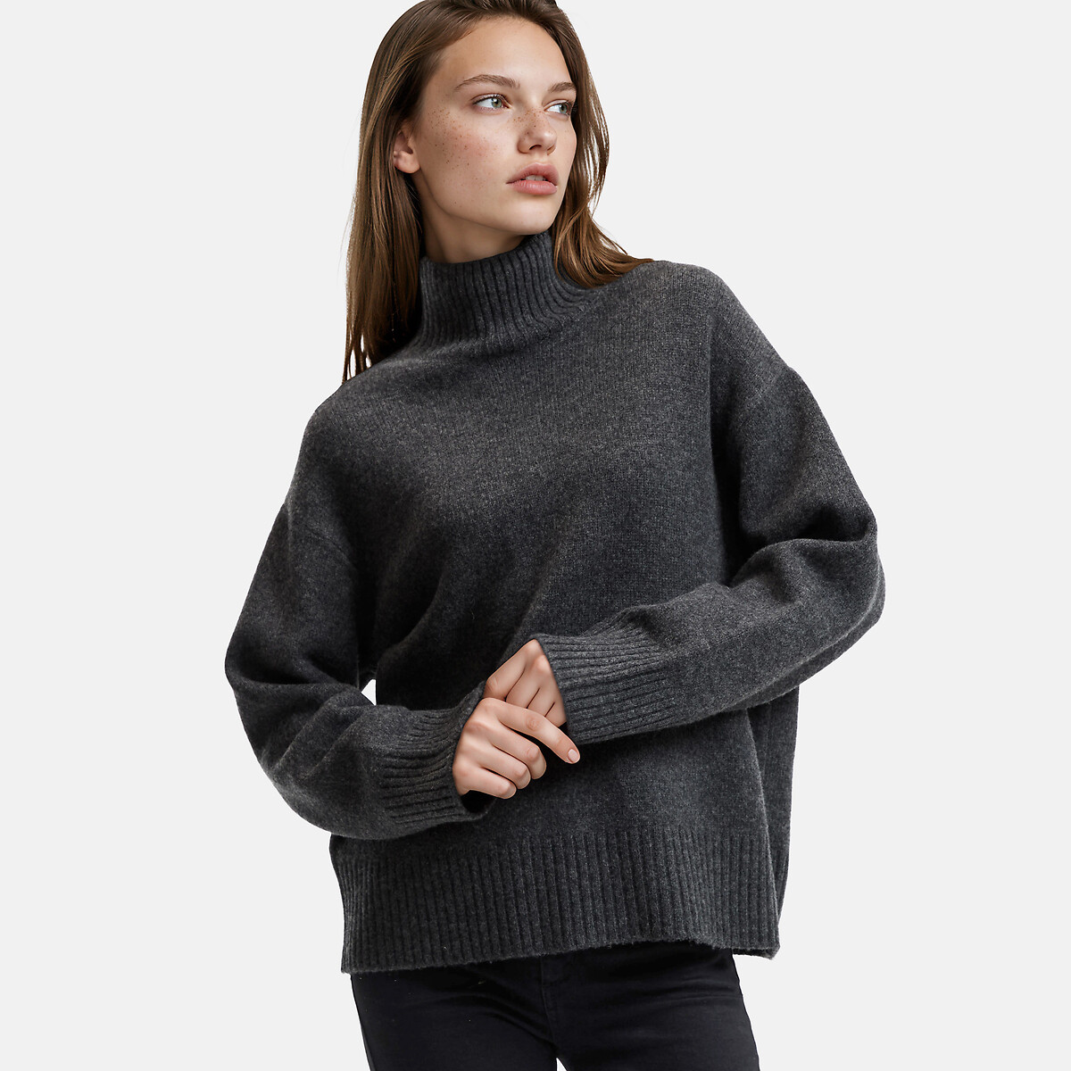 Large Knit Wool Turtleneck Jumper charcoal grey marl, LA REDOUTE COLLECTIONS