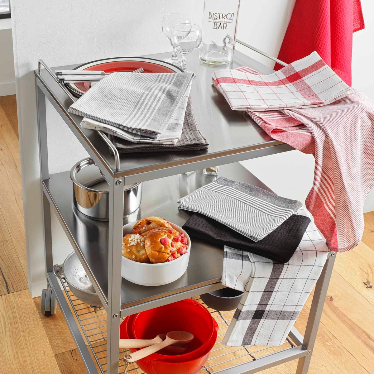 Lot de 3 torchons en coton tissé nid d’abeille gris anthracite, DOUCEUR D'INTÉRIEUR