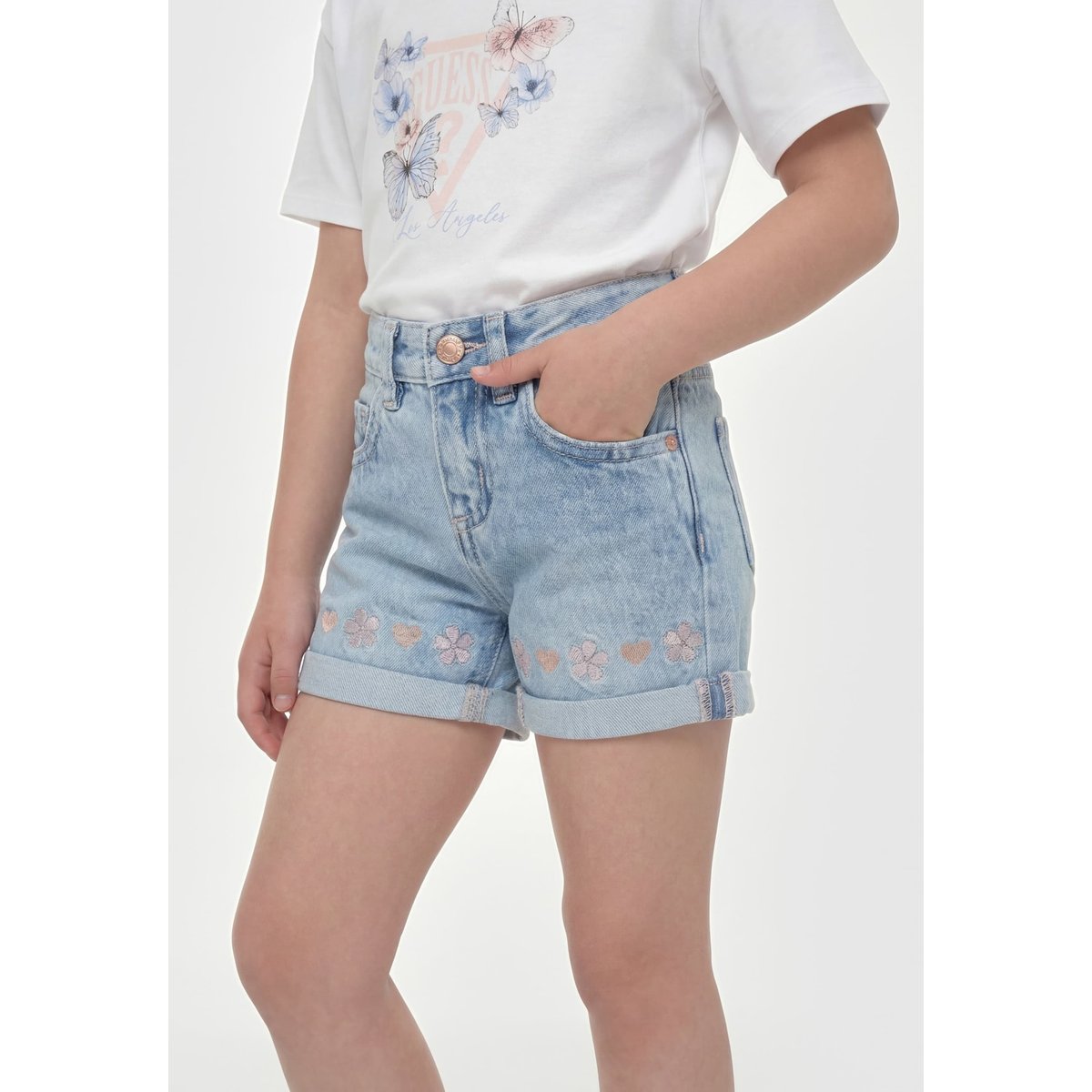 Shorts En Denim Brodés bleu clair, GUESS KIDS