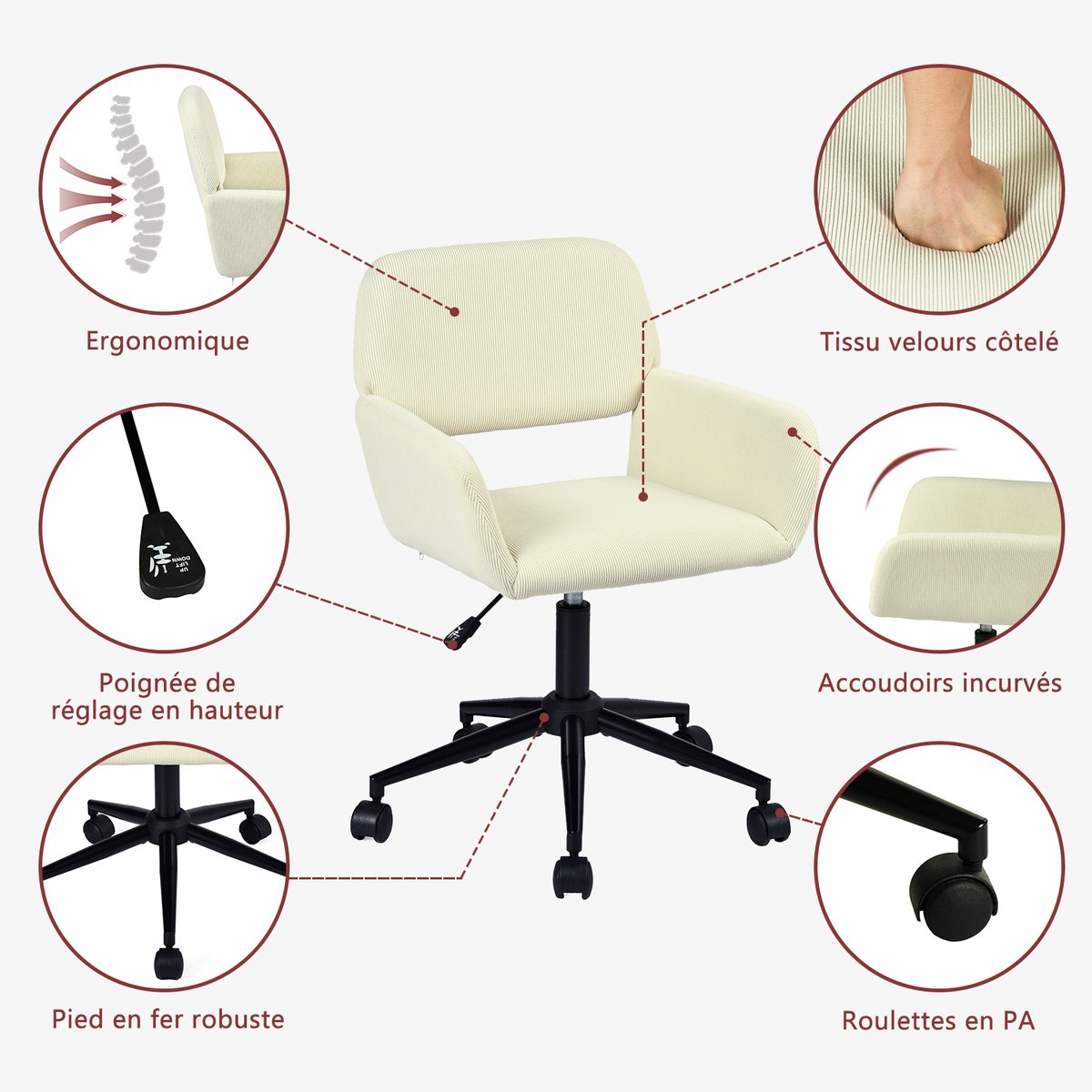 Ensemble de petit bureau pliable avec chaise de bureau, BASELINE+ROSS beige noir, MEUBLES COSY