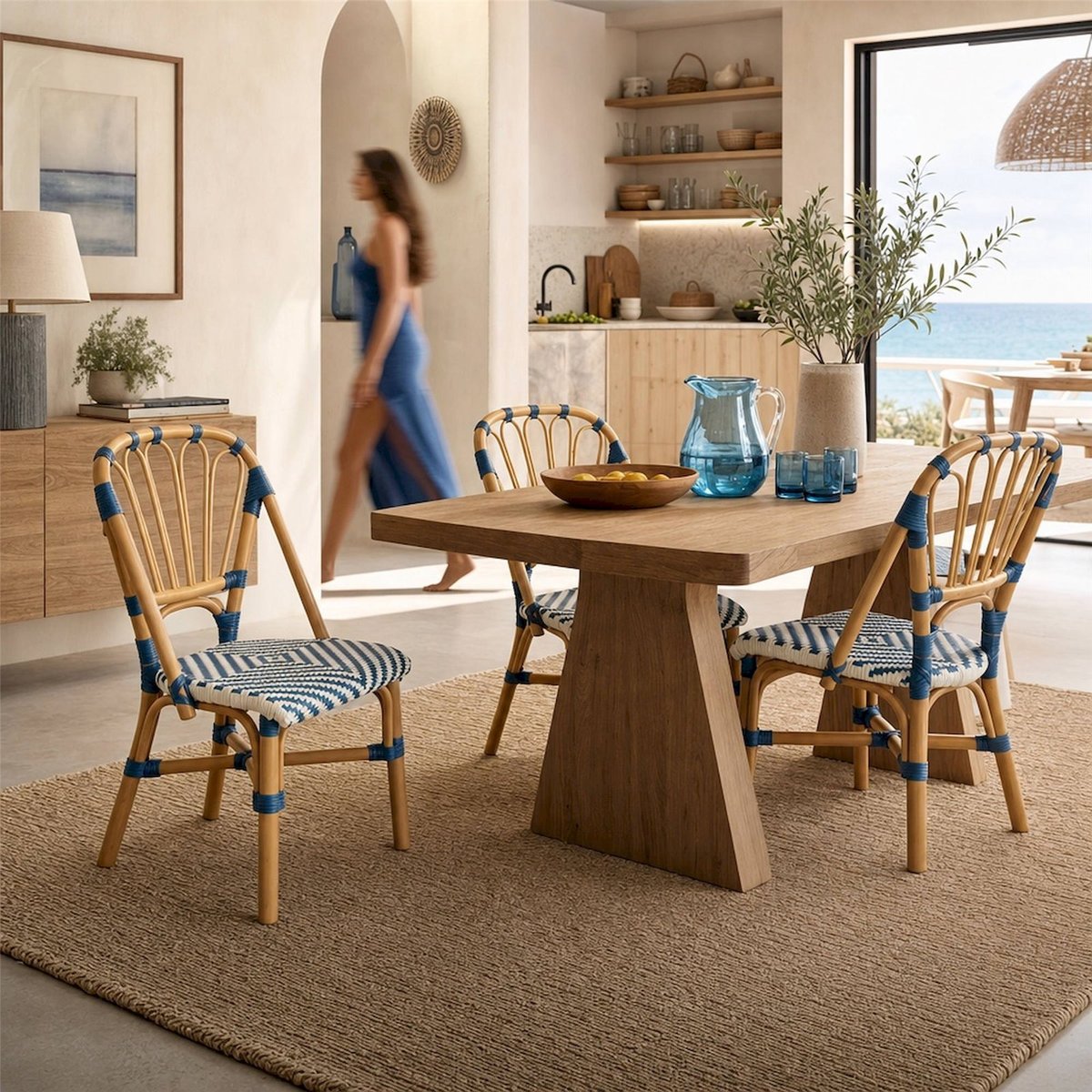 Chaise en rotin esprit bistrot bleu et blanc naturel, RECOLLECTION