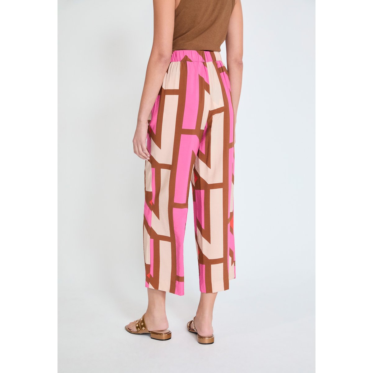 Pantalon large fluide à imprimé géométrique et taille élastiquée rose, LOLA CASADEMUNT