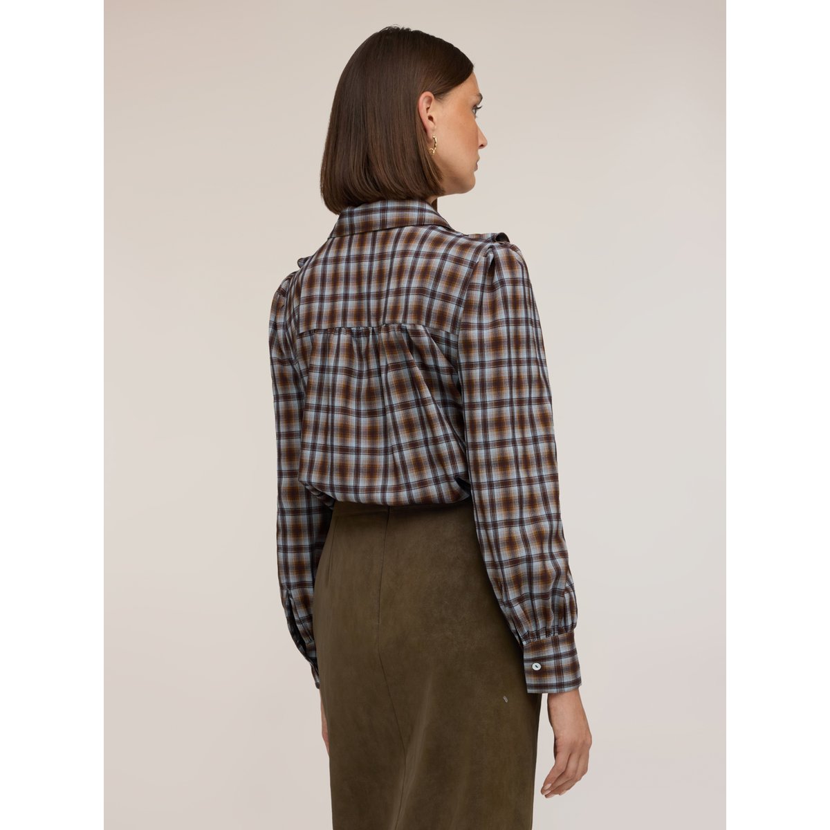 Chemise à motif check avec volants marron, MOTIVI