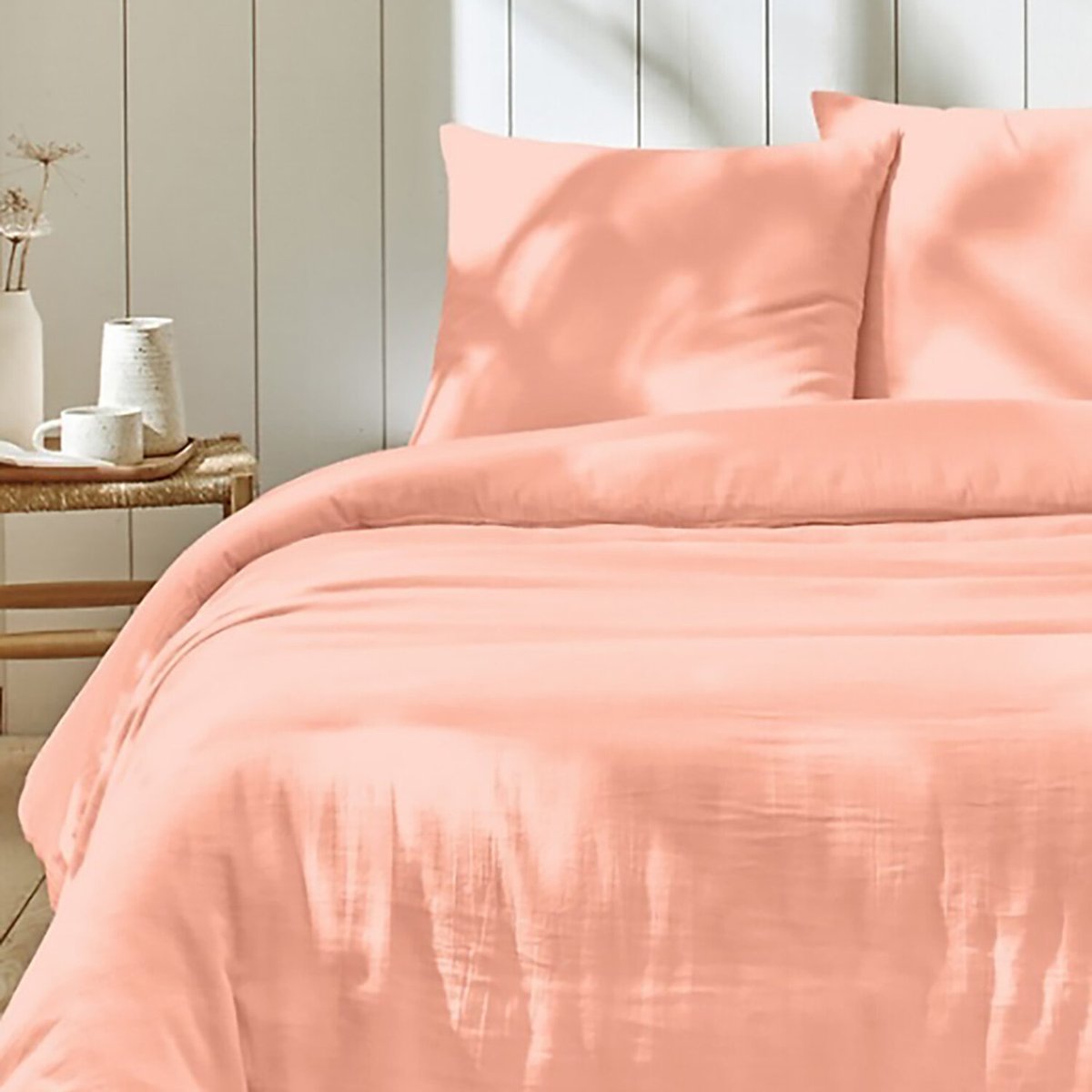 Parure housse de couette en gaze de coton unie, OZEN ivoire, C DESIGN HOME TEXTILE