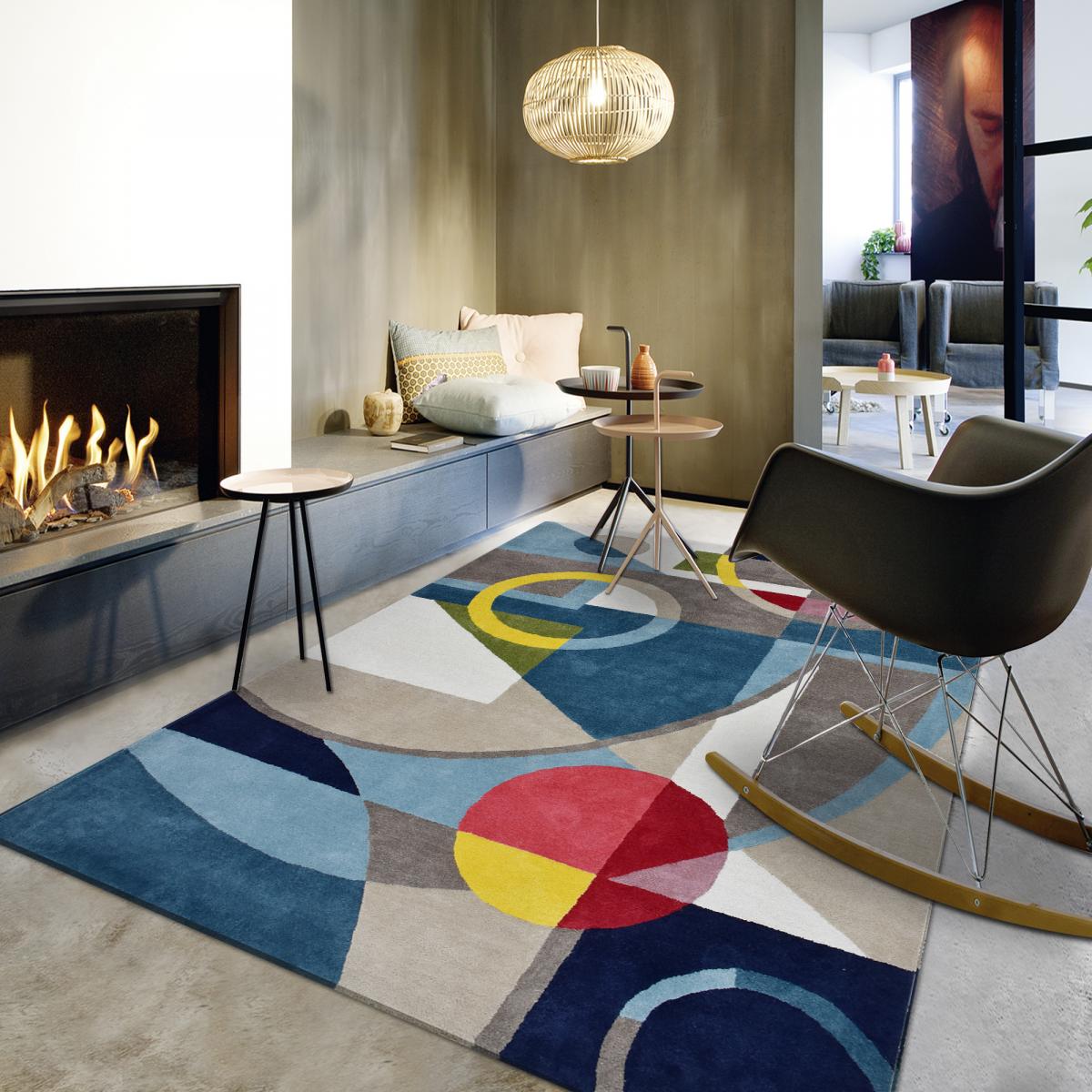 Tapis salon et chambre fait à la main en coton BIO CONTEMPORAIN bleu, gris, rouge, jaune, UN AMOUR DE TAPIS