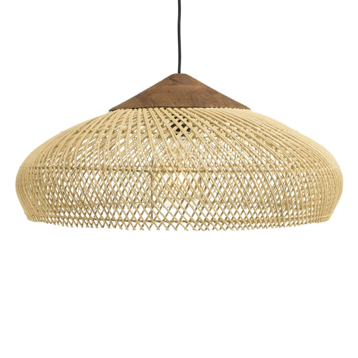 Suspension ronde 65cm en rotin et teck FOLELLI ecru, PIER IMPORT