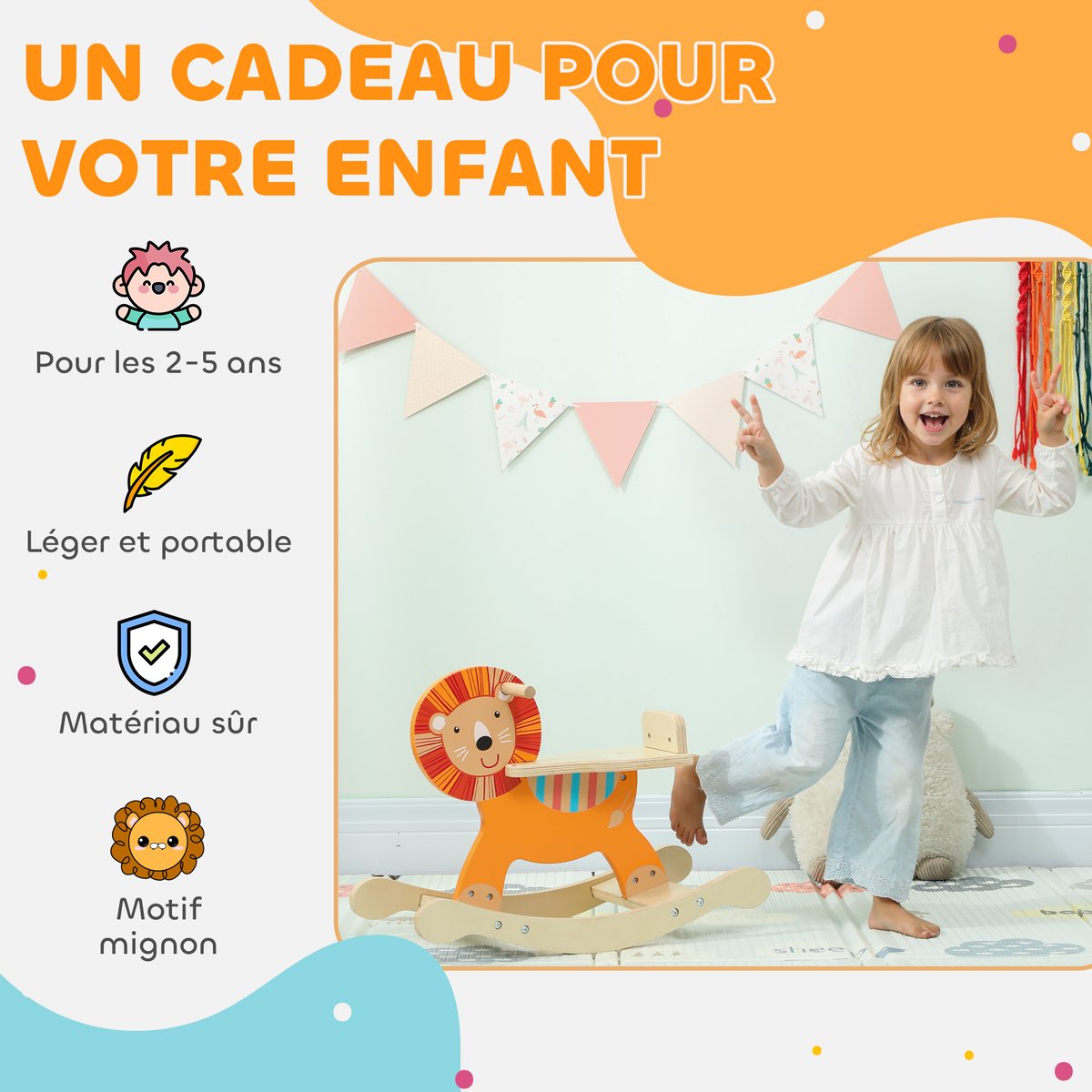 Cheval à bascule pour enfants Contreplaqué orange, bois clair, AIYAPLAY