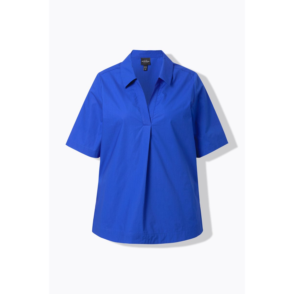 Blouse à manches courtes. Col polo à pli bleu cobalt, ULLA POPKEN