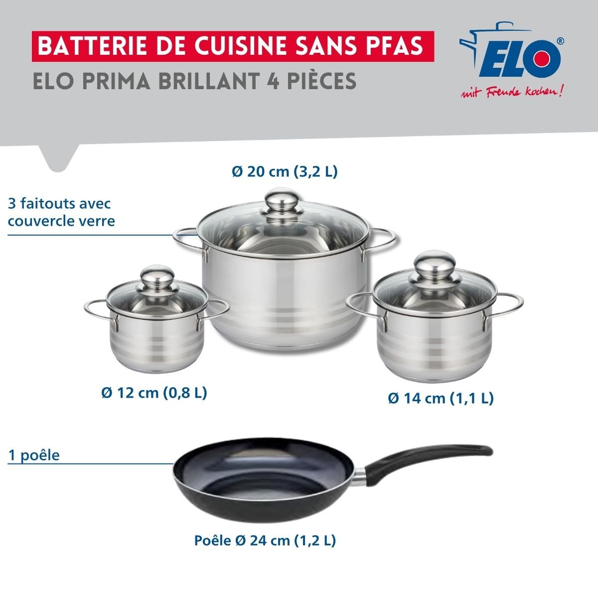 Batterie 1 poêle 24cm + 3 faitouts 12/14/20cm PRIMA BRILLANT noir, ELO