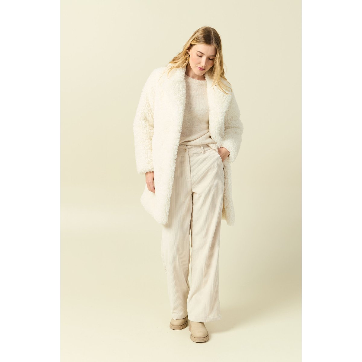 Manteau oversize long effet polaire creme, BONOBO