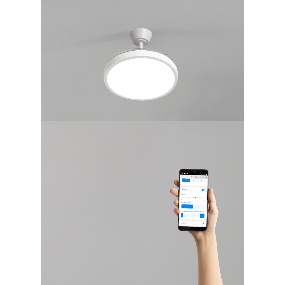 Ventilateur de plafond 40W silencieux avec lumiére et Wi-Fi WIND CLEAR STUDIO blanc/transparent, CREATE