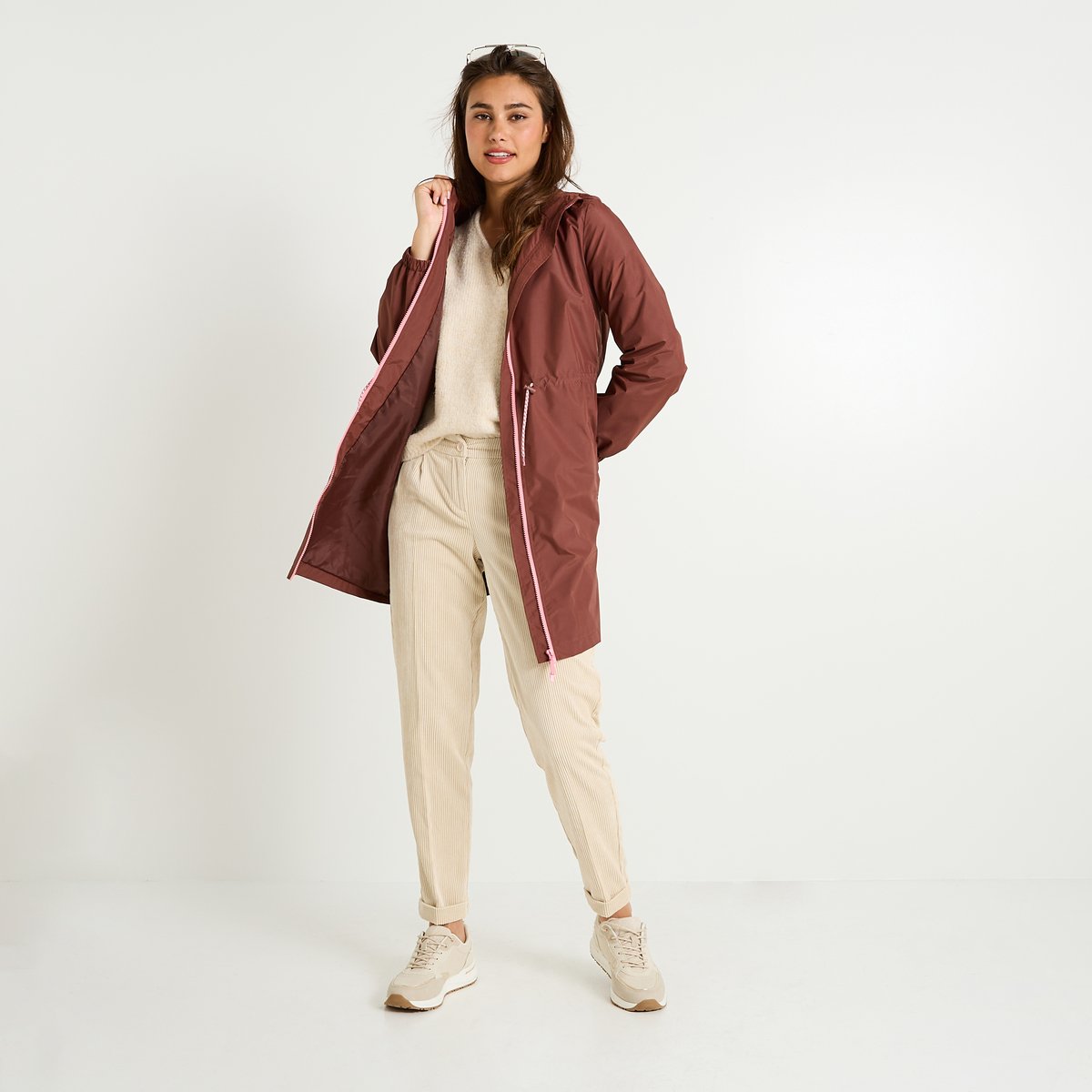 Imperméable long à capuche orange bordeaux, GRAIN DE MALICE