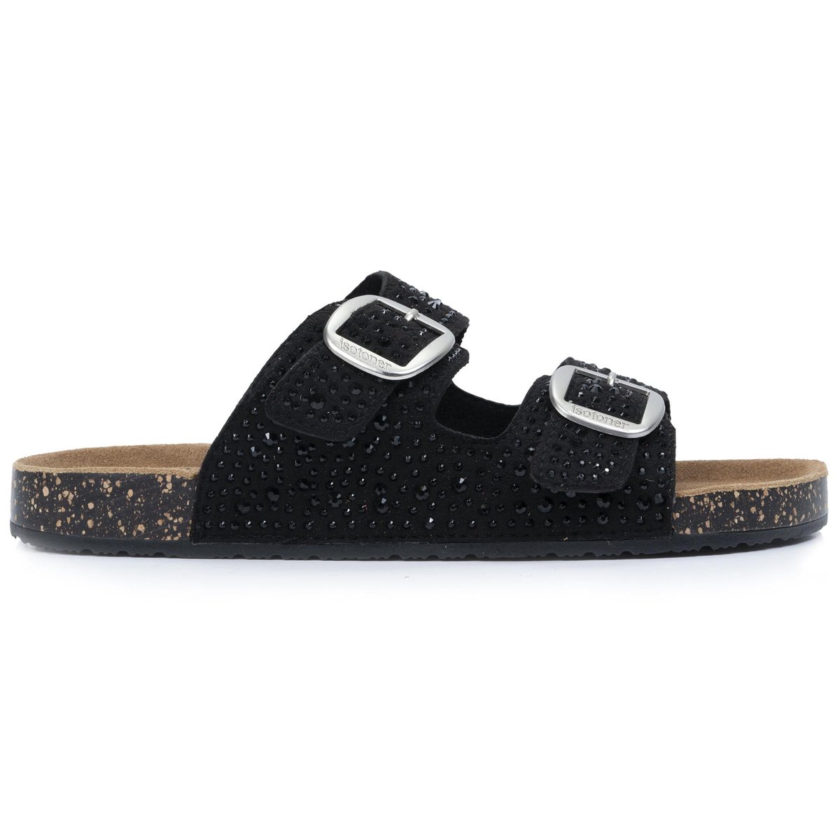 Sandales à doubles brides ultra confortables, semelle intérieure cuir noir, ISOTONER