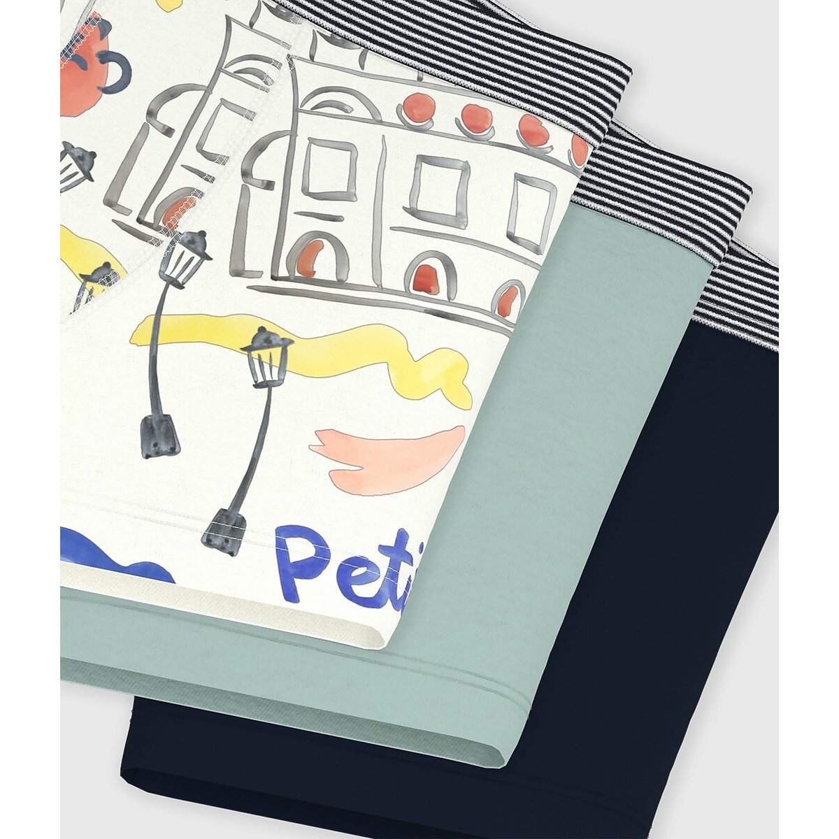 Pack of 3 Opera De Paris X Petit Bateau Boxers white + blue + green, PETIT BATEAU