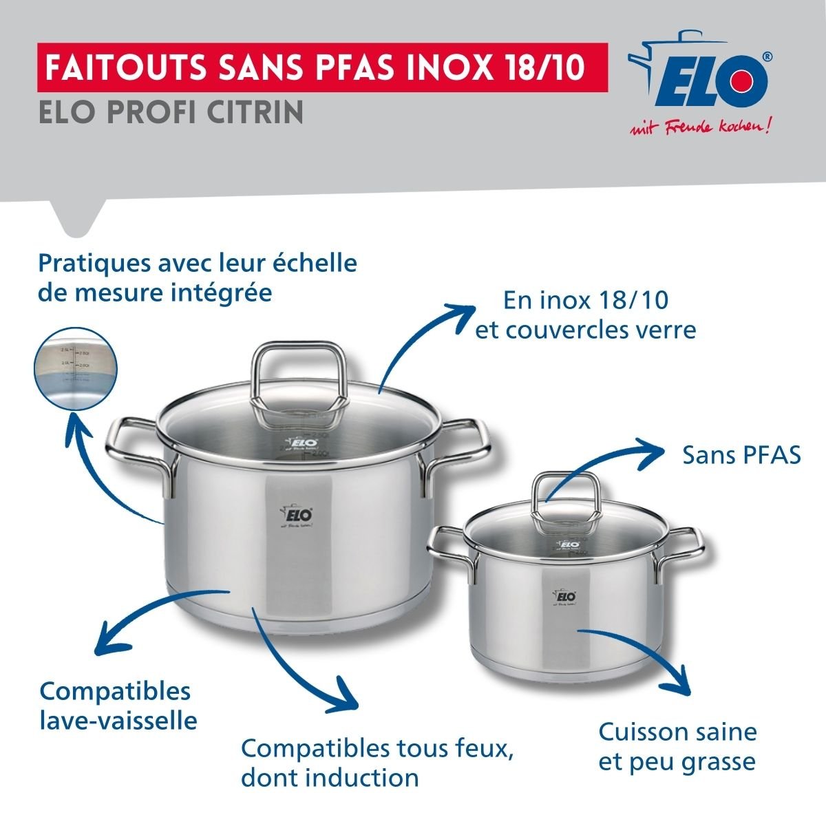Batterie 1 poêle 28cm + 2 faitouts 14/20cm PROFI CITRIN inox, ELO