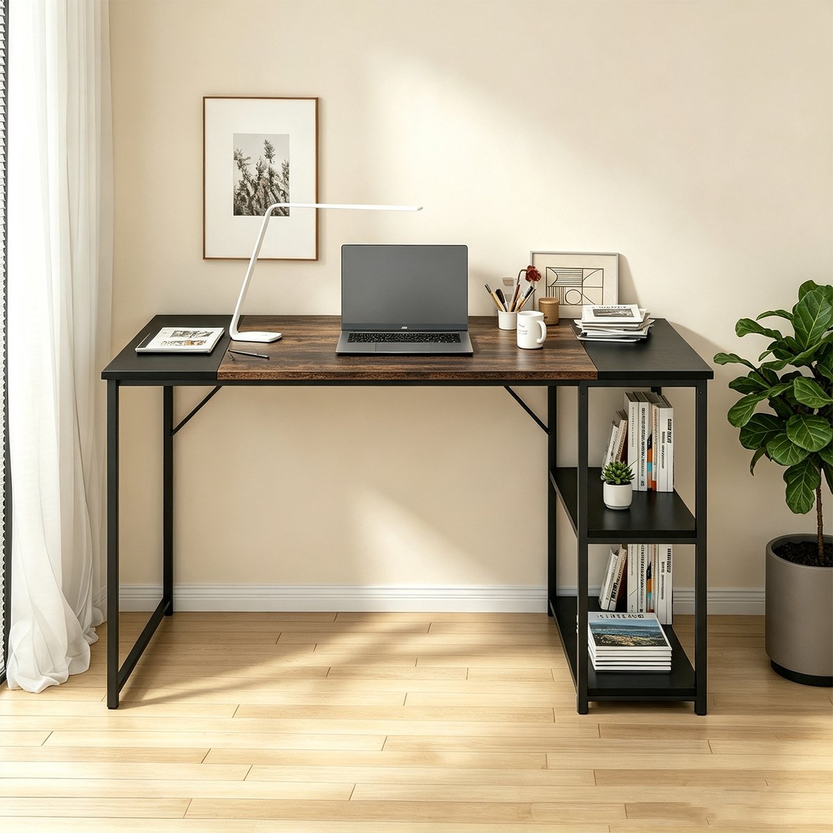 Bureau 140cm avec 2 étagères réversibles style industriel, DEMBE noir, MEUBLES COSY