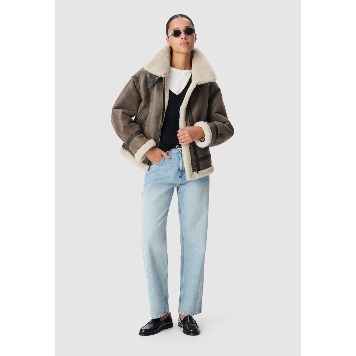 Blouson en cuir d'agneau peau retournée marron foncé, IKKS