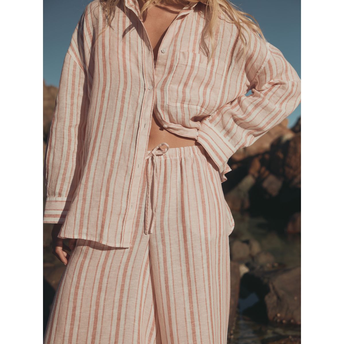 Pantalon palazzo large lin n. premium rose à rayures, NEXT