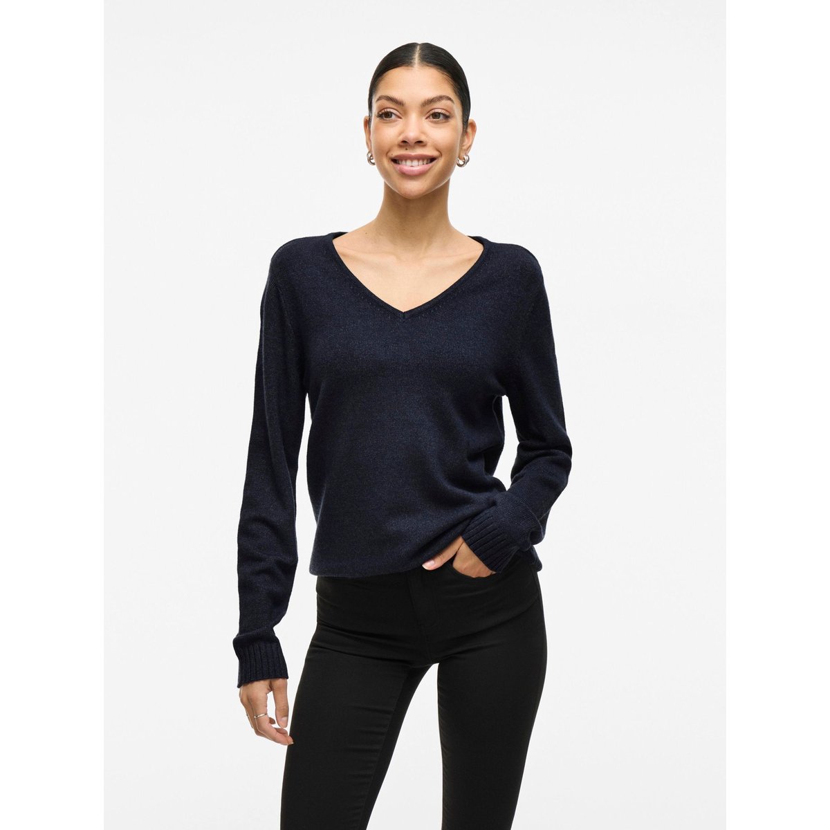 Pull col v en fine maille bleu nuit, VILA