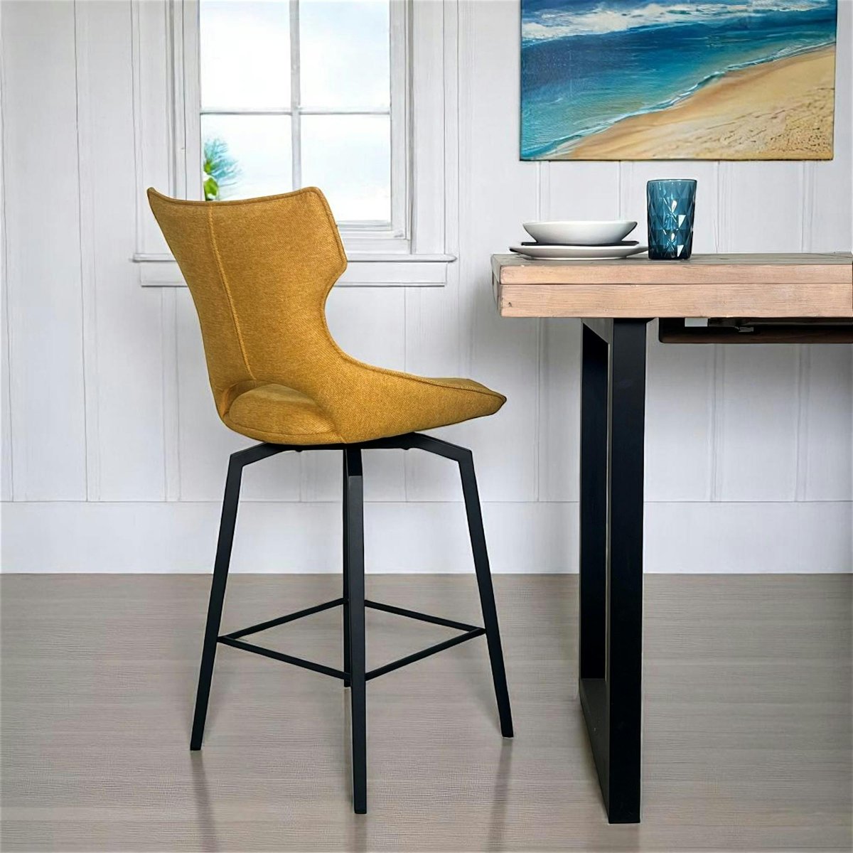 Chaise de bar pivotante en tissu (lot de 2) LOMBARDIE doré, PIER IMPORT