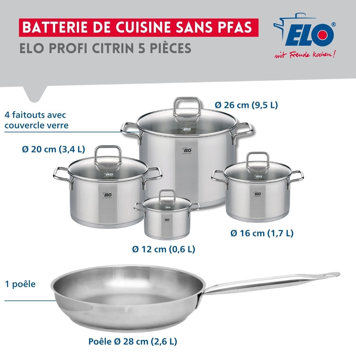 Batterie 1 poêle 28cm + 4 faitouts 12/16/20/26cm PROFI CITRIN inox, ELO
