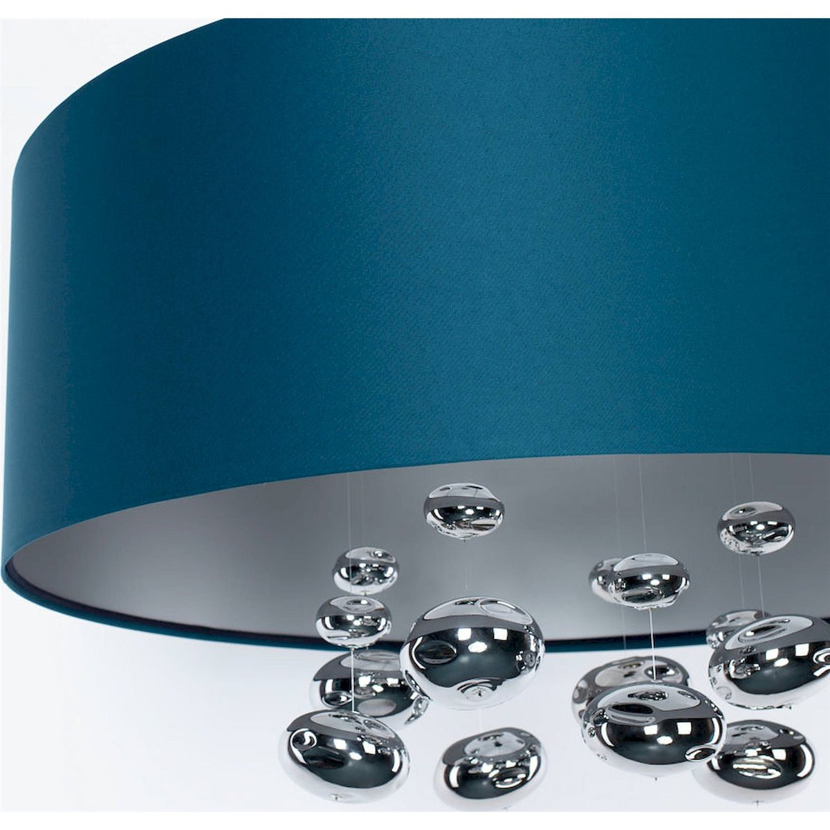 Suspension ronde en tissu avec boules décoratives Bubble Light bleu marine satin et argent mat, BPS KONCEPT