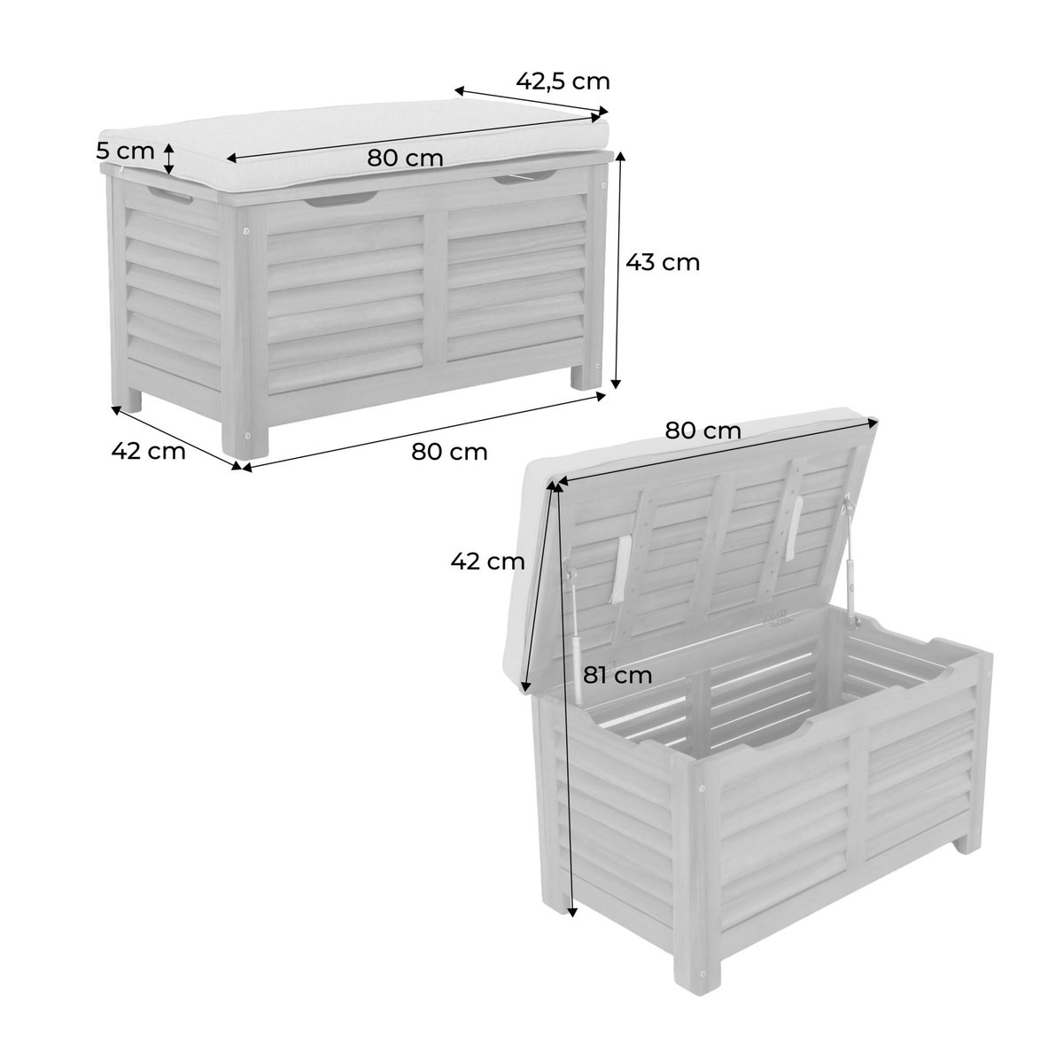 Coffre de jardin / Banc bois d'acacia 63L avec vérins ZAFRA naturel / beige, SWEEEK