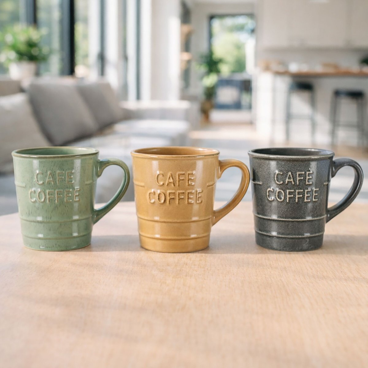 Lot de 6 mugs en grès 21cl, COFFEE TIME gris-taupe-vert, NOVASTYL