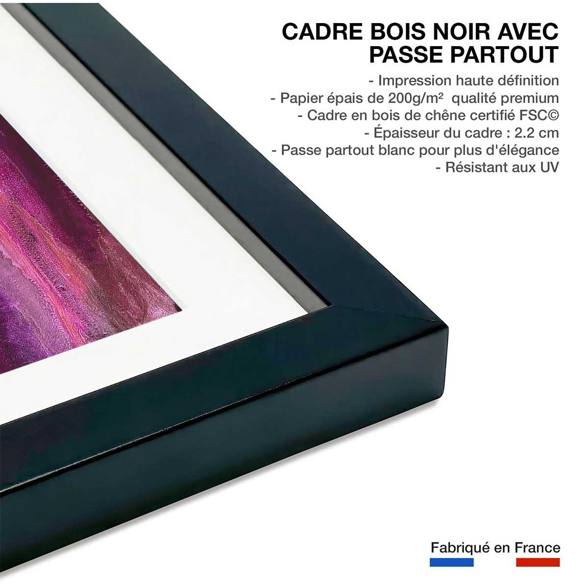 Poster rose horizon affiche + cadre en bois - noir, HEXOA