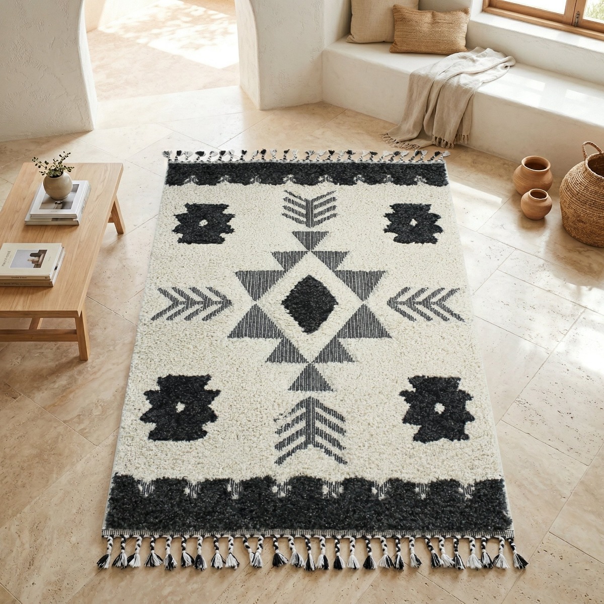 Tapis style berbère à reliefs lignes BERBÈRE TRIBAL LIGNES crème et gris foncé, THE DECO FACTORY