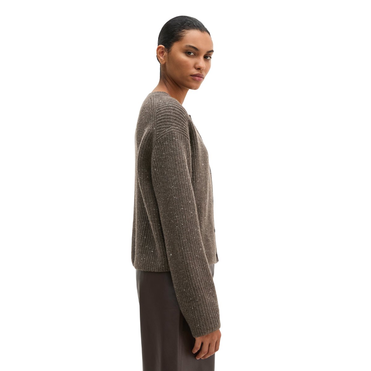 Cardigan en tweed coupe classique en mélange de laine vierge marron, MARC O'POLO