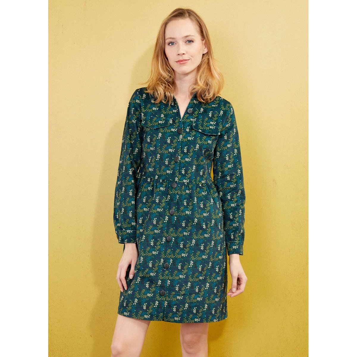 Robe chemisier velours stretch imprimée VERA vert sapin, LA FIANCÉE