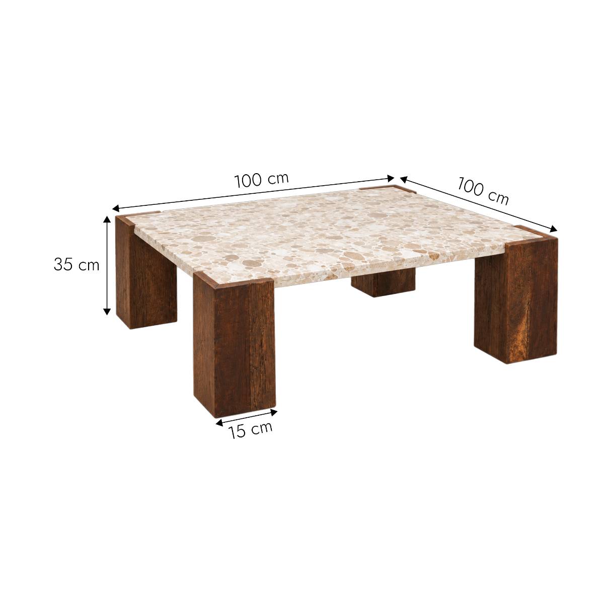Table basse carrée en bois recyclé et marbre CAPUCINE bois foncé, MADE IN MEUBLES
