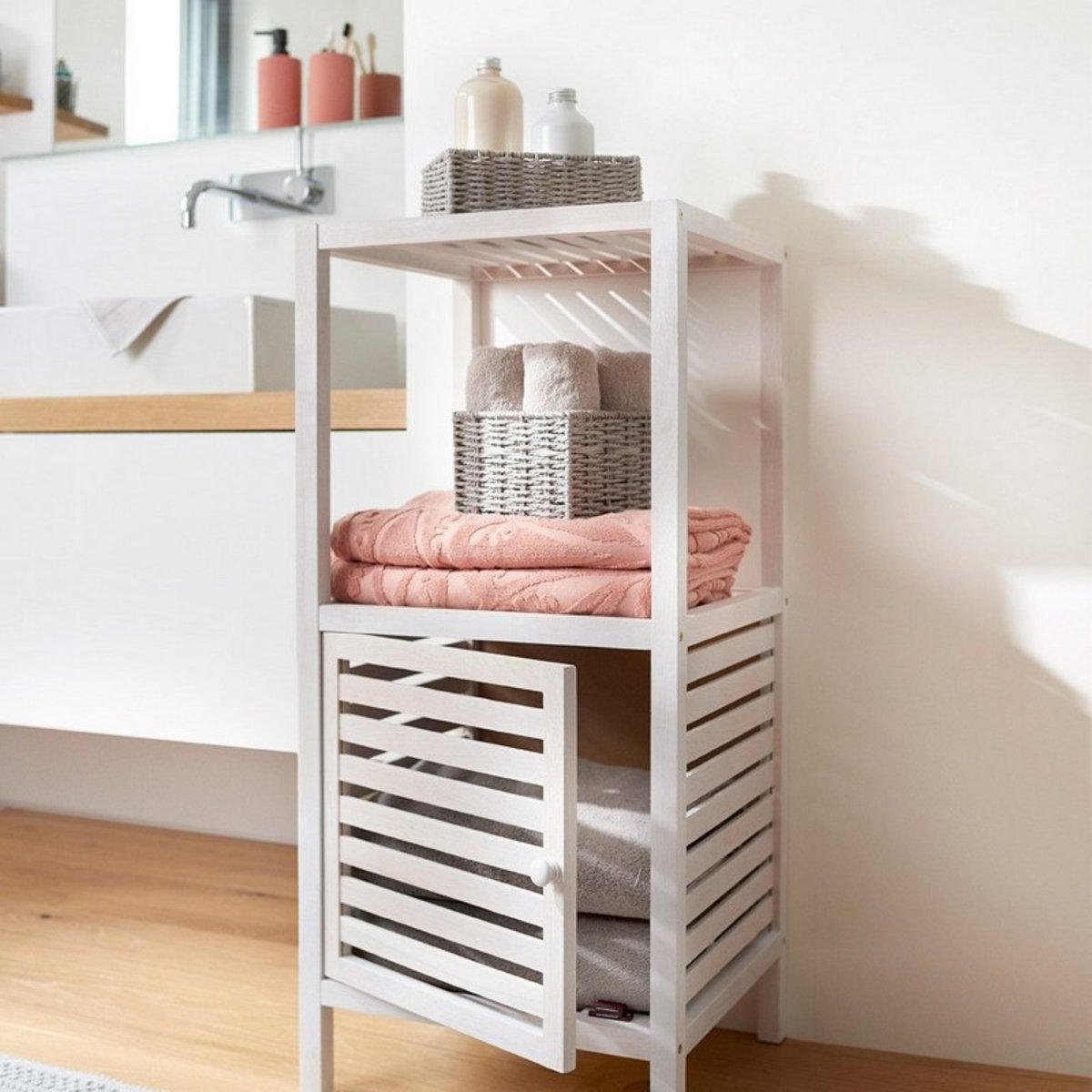 Meuble rangement salle de bains bois noyer blanc, ZELLER PRESENT