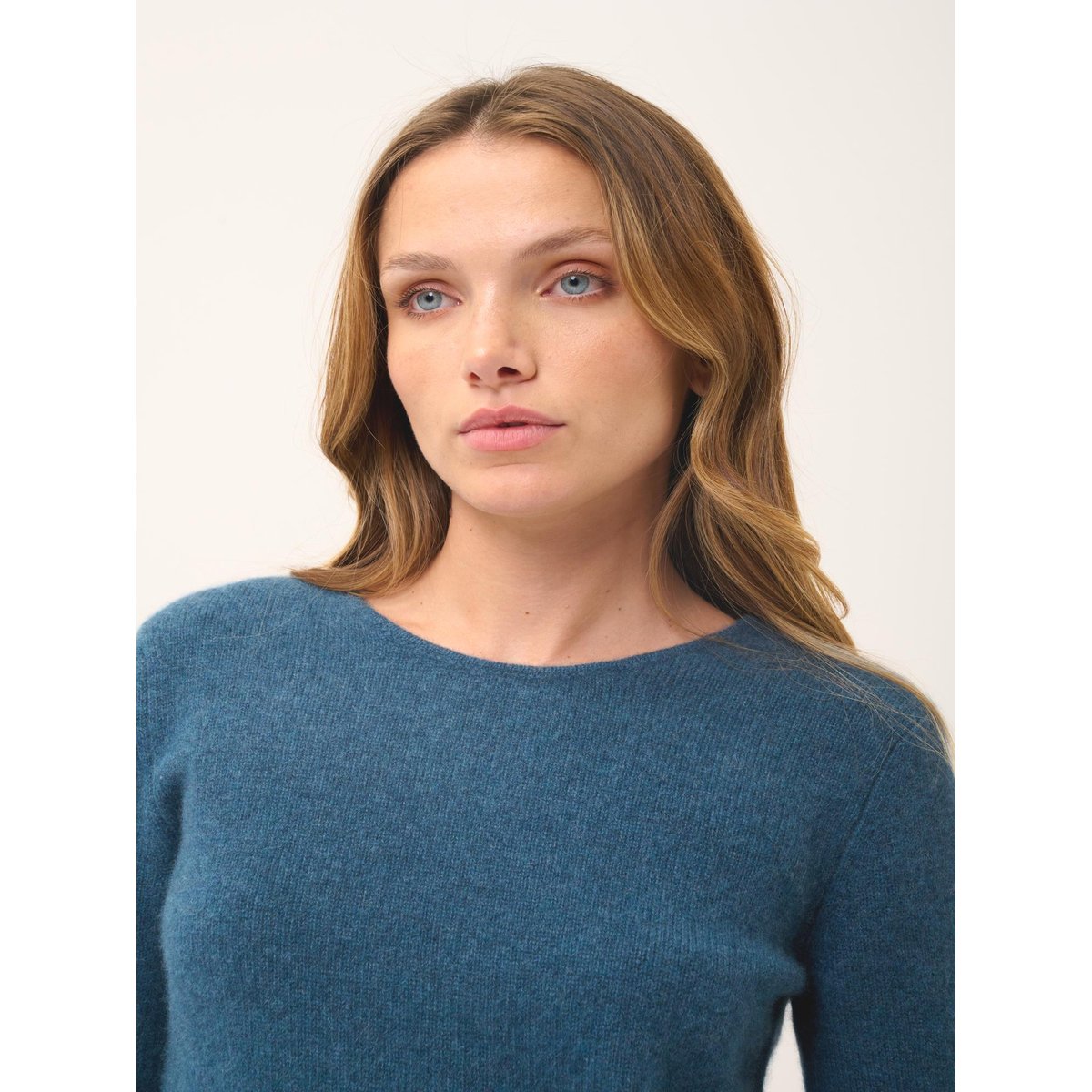 Pull Col Rond 4 Fils Vert Canard Chiné Joyce bleu foncé, JUST CASHMERE
