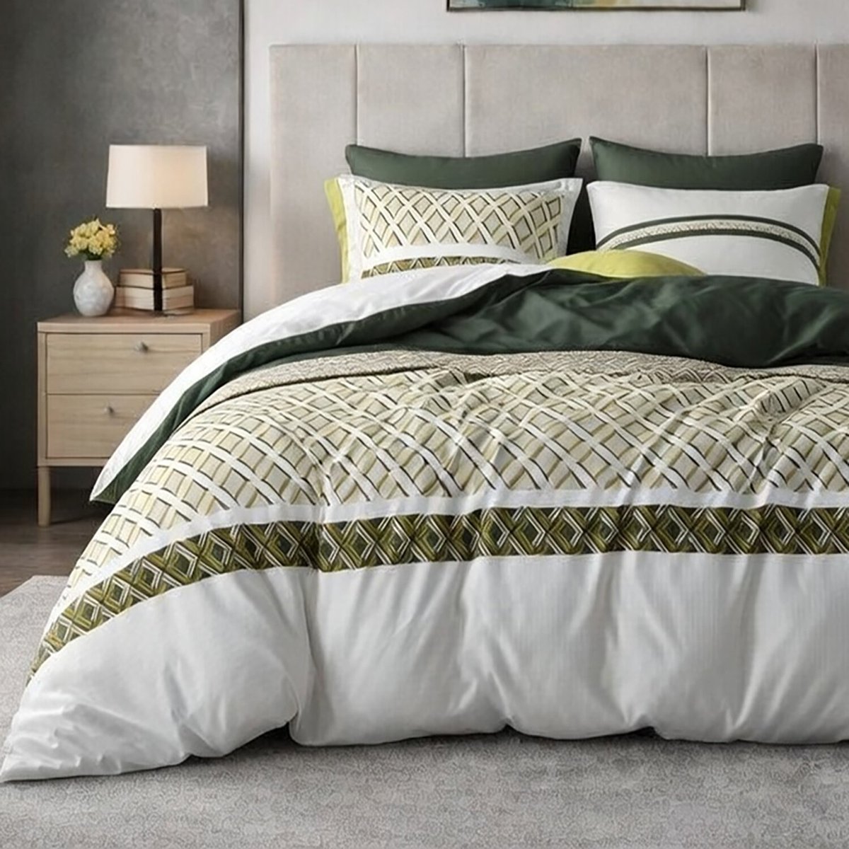 Parure imprimée avec housse de couette et taie(s) en coton, Nayaa blanc, ATELIER DU COTON
