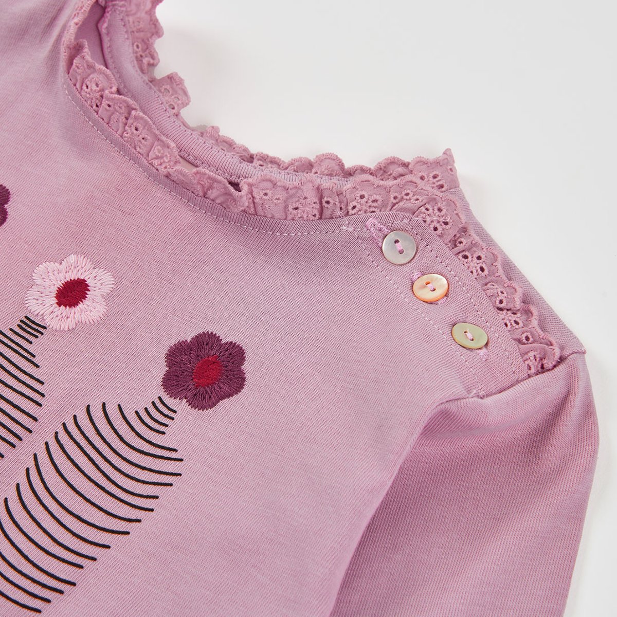 T-shirt fille maille broderie vases fleurs rose, BOBOLI