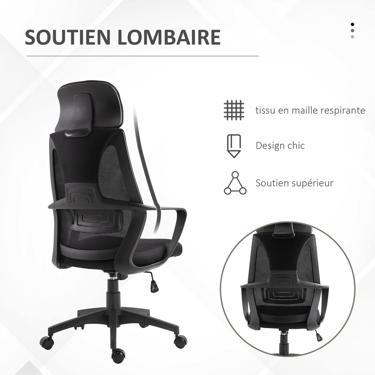 chaise de bureau Polyester Noir noir, HOMCOM